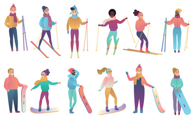 Fototapeta premium Group of cute cartoon skiers and snowboarders in trendy gradient colors vector illustration