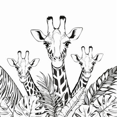 Obraz premium Three giraffes peeking from lush tropical flora Image vector isolated on white background.