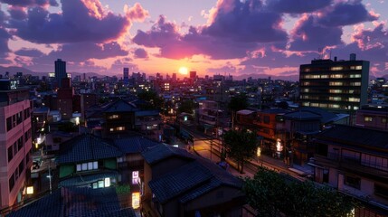 Aerial Sunset over Japanese Cityscape