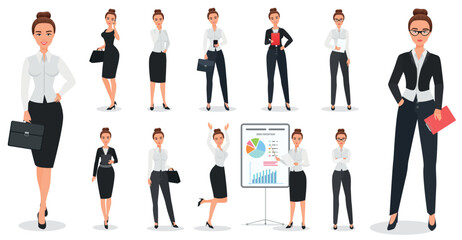 Set of young pretty business woman character design in various poses