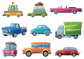 Old, vintage, cartoon retro cars set vector illustration isolated