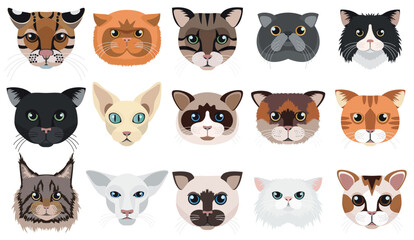 Cats heads faces emoticons vector illustration set