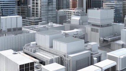 Drone view of data center building with cooling systems on rooftop - Powered by Adobe