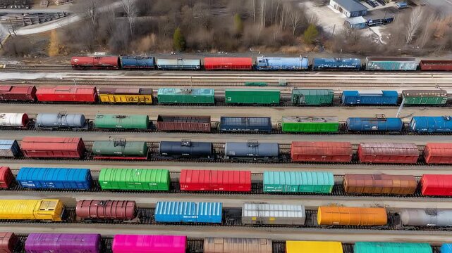 Colorful Freight Trains at a Yard: An eye-level shot presents rows of vibrant freight cars, each holding a unique cargo, parked at a bustling rail yard.