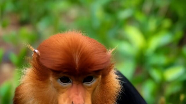 Close-up of a Red-shanked Douc Monkey against a green foliage background showing its fur and facial features.
