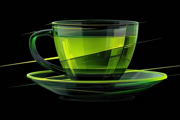 A green cup with a green saucer sits on a table. The cup is filled with a clear liquid, and the saucer is empty. The image has a calm and serene mood, as the cup and saucer are simple