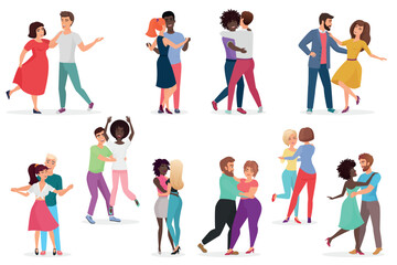 Male and female pairs of dancers. Men and women couple performing dance at school, studio. Group of young happy dancing people. People dance party vector illustration