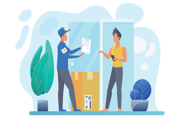 Courier delivering package flat vector illustration. Postman in uniform and customer with smartphone cartoon characters. Express parcel delivery, postal service, transportation business concept