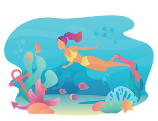 Woan snorkeling swims underwater with sea flora and fauna. Summer sport leisure. Female diving vector illustration