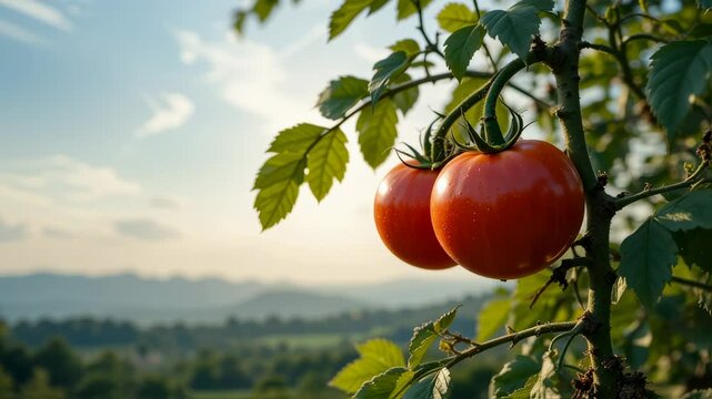 Fresh ripe tomatoes on the vine against a soft sunset backdrop in countryside scenery