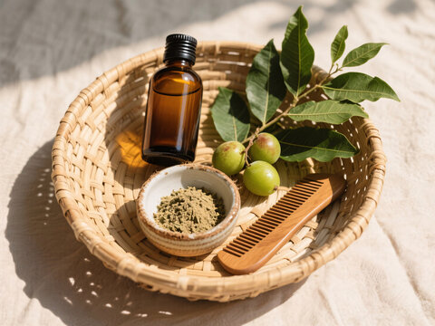 Top view of Ayurvedic hair care basket with coconut oil bottle, neem and amla fruits, wooden comb and ceramic bowl with herbs on neutral cotton cloth under warm morning light