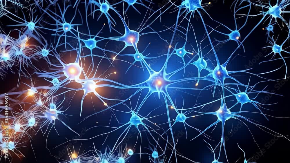Poster illustration of blue neurons transmitting signals, representing neural network, brain activity and n