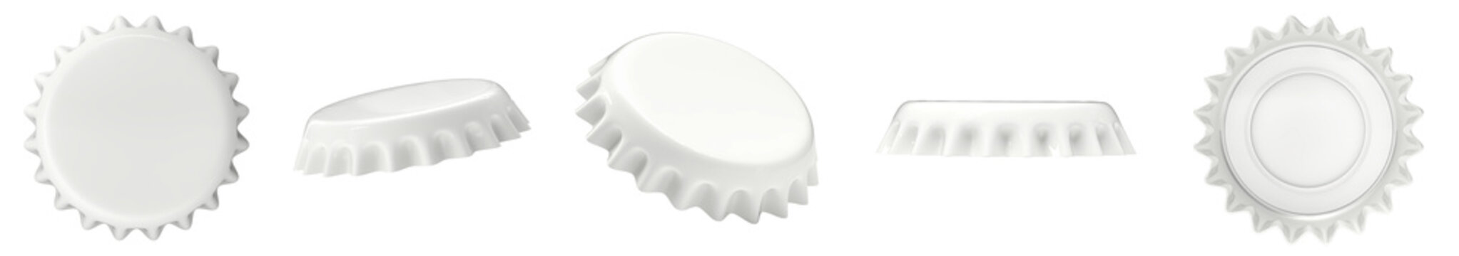 Five white bottle caps shown from different perspective 3d