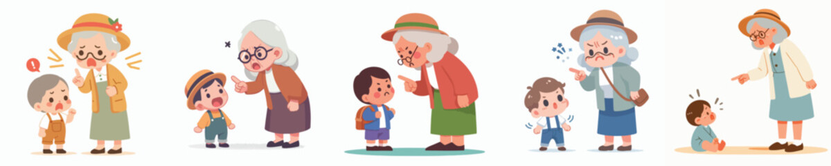 vector character of grandmother scolding a little child