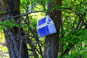 A homemade bird feeder made from a cardboard box using rope and a stapler is hanging on a tree branch in spring.