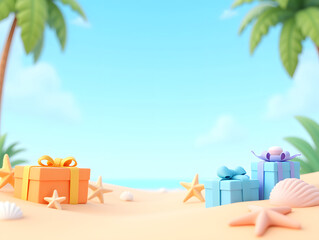 Obraz premium 3D Rendering of Gifts and Shells on a Summer Beach