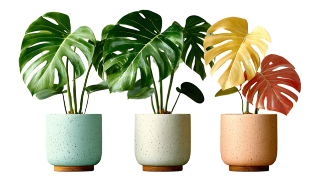 Three potted Monstera plants in different color palettes on transparent background