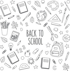 Back to School Themed Doodle Featuring School Supplies and Educational Icons in a Playful and Creative Arrangement on White Background