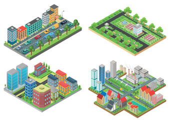 Set of isolated 3d Isometric Realistic cartoon urban City Maps top view vector iullustration