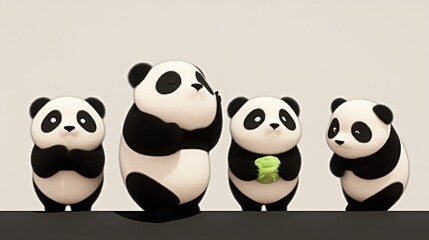 Fototapeta premium Four stylized panda figures standing in a row, one holding bamboo