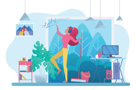 Room cleaning with music flat vector illustration. Young woman, housewife in headphones dancing with broom cartoon character. Girl listening music and doing housework. Fun chores, housekeeping