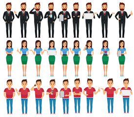 Business man, woman and young guy in various poses vector illustration