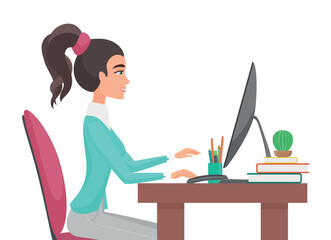 Young pretty woman works in office. Girl sitting at the table front side view vector illustration