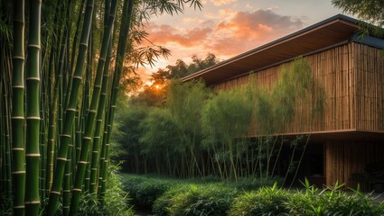 Modern bamboo house surrounded by lush green bamboo forest at sunset