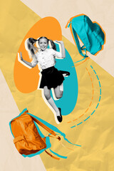 Obraz premium 3d sketch image vertical collage of happy schoolgirl jump rucksack supplies back to secondary school education concept learner