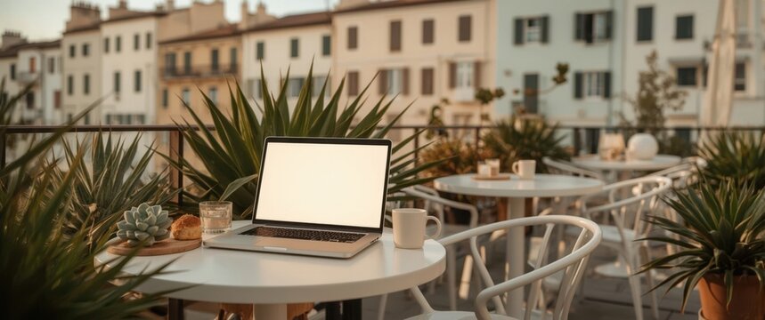 Open laptop with blank screen on outdoor cafe table surrounded by plants and urban buildings in the background