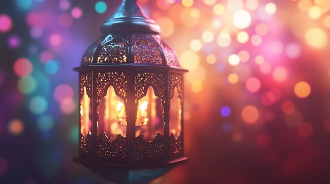 Intricate filigree lantern aglow with festive light, radiant bokeh effect - Powered by Adobe