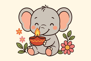 Cute cartoon elephant holding a diwali diya
