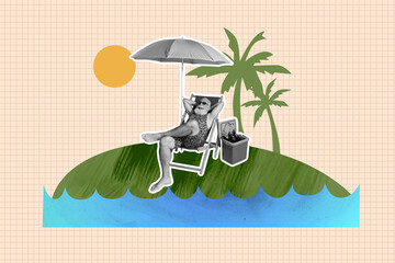 Composite photo collage design trend sketch of aged man relax armchair umbrella protect sun tourist...