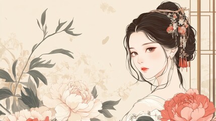 Fototapeta premium Elegant Woman in Traditional Attire with Floral Surroundings