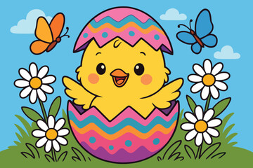 Cute chick hatches from easter egg in spring meadow