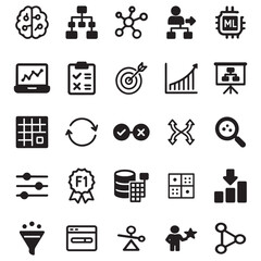 Machine Learning and Data Science Icons – Neural Network, Decision Tree, Feature Scaling, and Model Training Icons