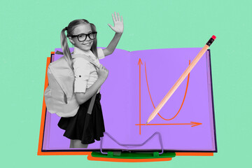 Creative artwork template image collage of copybook page pen graphics young girl gesture hello...