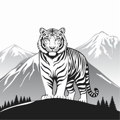 Bengal Tiger Standing Proud Against a Backdrop of Mountains Image Vector.