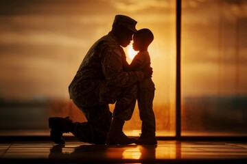 Silhouette of African American soldier hugging son at sunset in airport