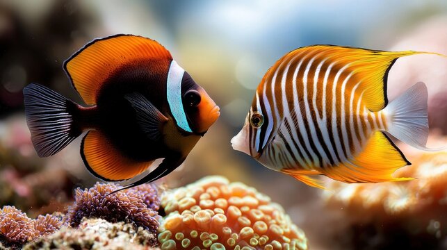 Colorful fish encounter in coral reef aquarium