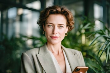 Confident French businesswoman in chic blazer with smartphone in green office