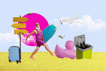 Sketch image trend artwork 3D photo collage of weekend tourist travel rest outdoors aged man style walk hold surfboard way point drink bag