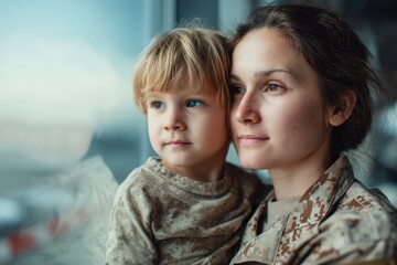 American military mother and son looking out airport window in quiet moment