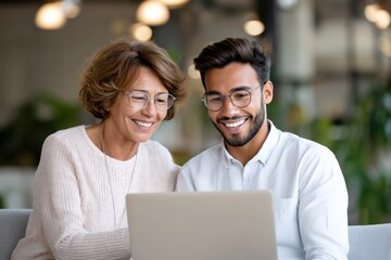 Young manager mentoring senior colleague in modern office with laptop teamwork