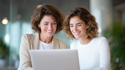 Mexican manager and senior colleague collaborating at laptop in modern office