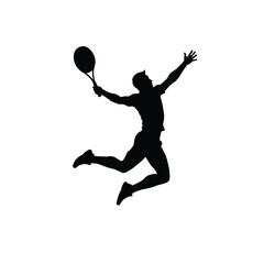 Black Silhouette Vector Tennis Player Leaping Overhead Backhand White Background