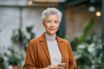 American mature businesswoman holding smartphone in modern office with plants