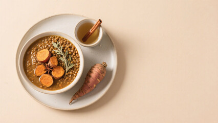 Warm Ayurvedic Kapha-balancing meal with roasted root vegetables, spicy lentil soup, and cinnamon tea, styled top-down on beige background, minimalist natural setup, copy space