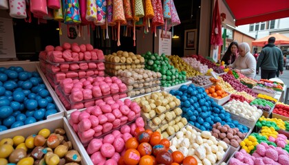 Obraz premium Colorful Candy Assortment at Vibrant Market Stall Sweet Treats Delicious Confectionery