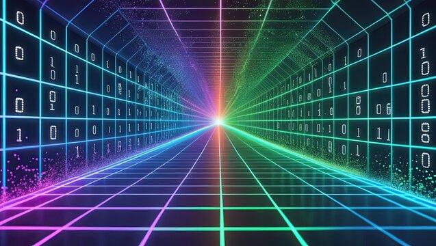 Abstract digital tunnel with binary code and neon lights
